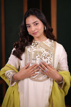Ivory Silk Asymmetric High-Low Salwar Suit with Heavily Embroidered Yoke and Lime Green Organza Dupatta