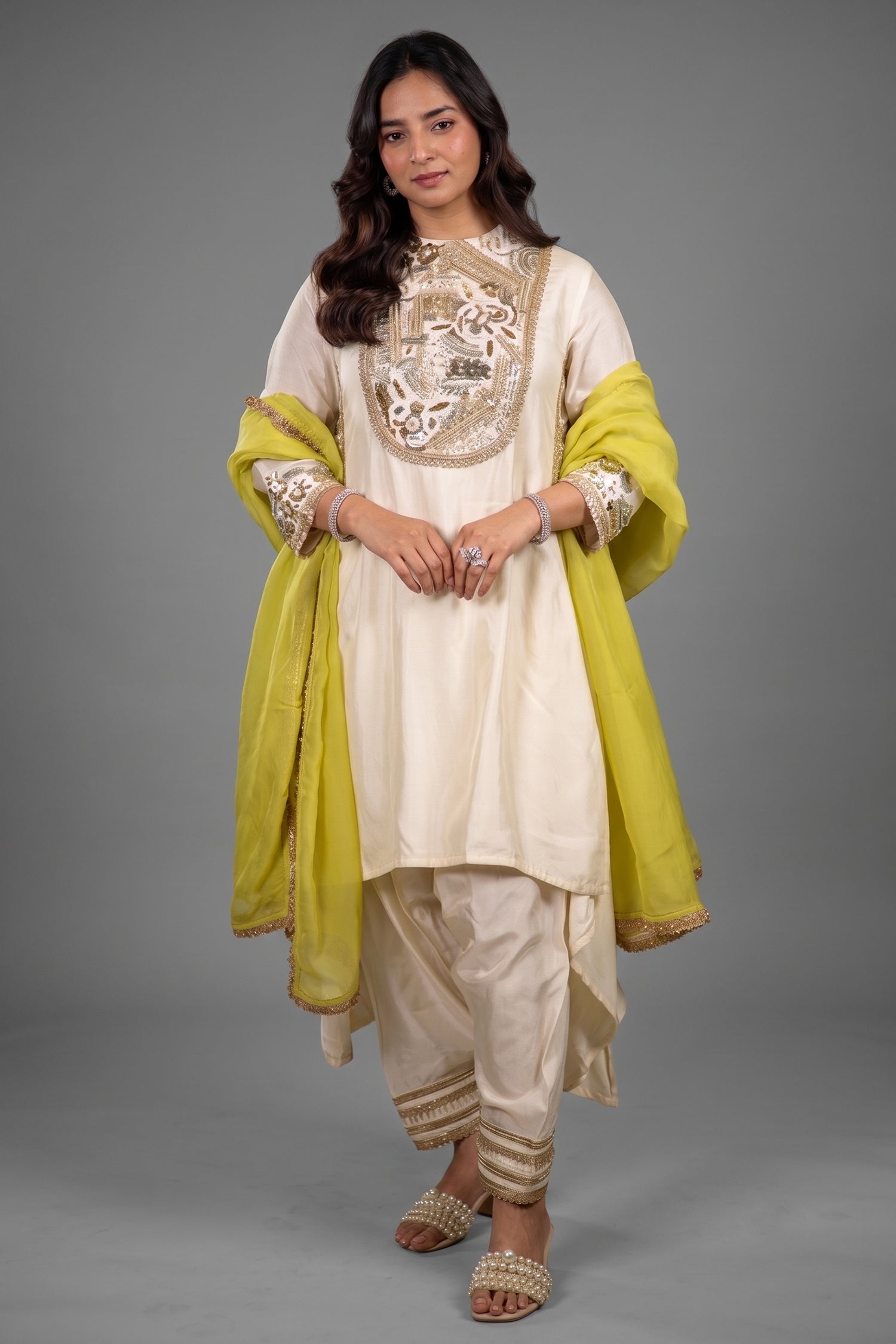 Ivory Silk Asymmetric High-Low Salwar Suit with Heavily Embroidered Yoke and Lime Green Organza Dupatta Main image