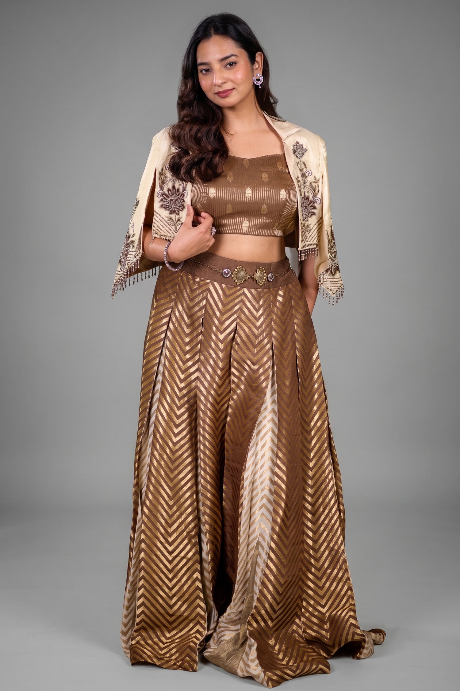 Bronze Metallic Tissue Brocade Crop Top and Palazzo Co-Ord with Cutdana Floral Patch Split-Sleeve Jacket Main image