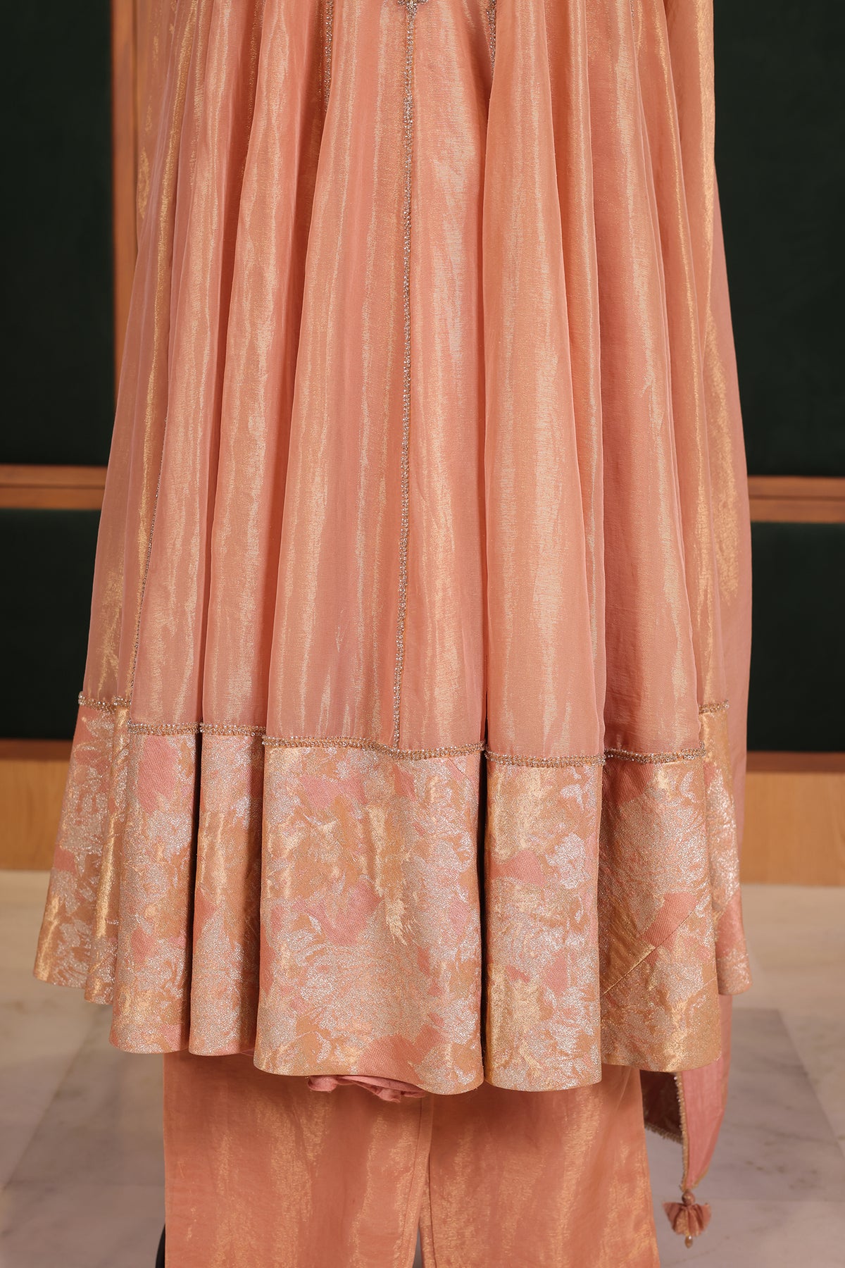 Shimmering Salmon Pink Tissue Anarkali Suit with Ornate Zardosi Yoke and Brocade Border
