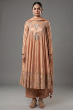 Shimmering Salmon Pink Tissue Anarkali Suit with Ornate Zardosi Yoke and Brocade Border