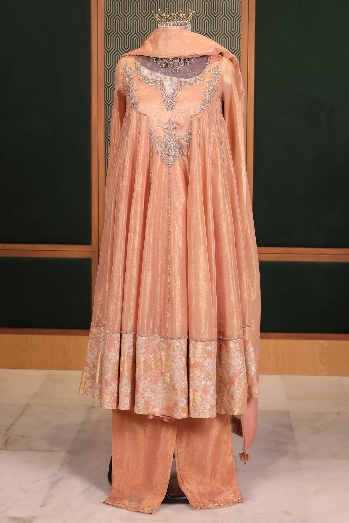 Shimmering Salmon Pink Tissue Anarkali Suit with Ornate Zardosi Yoke and Brocade Border