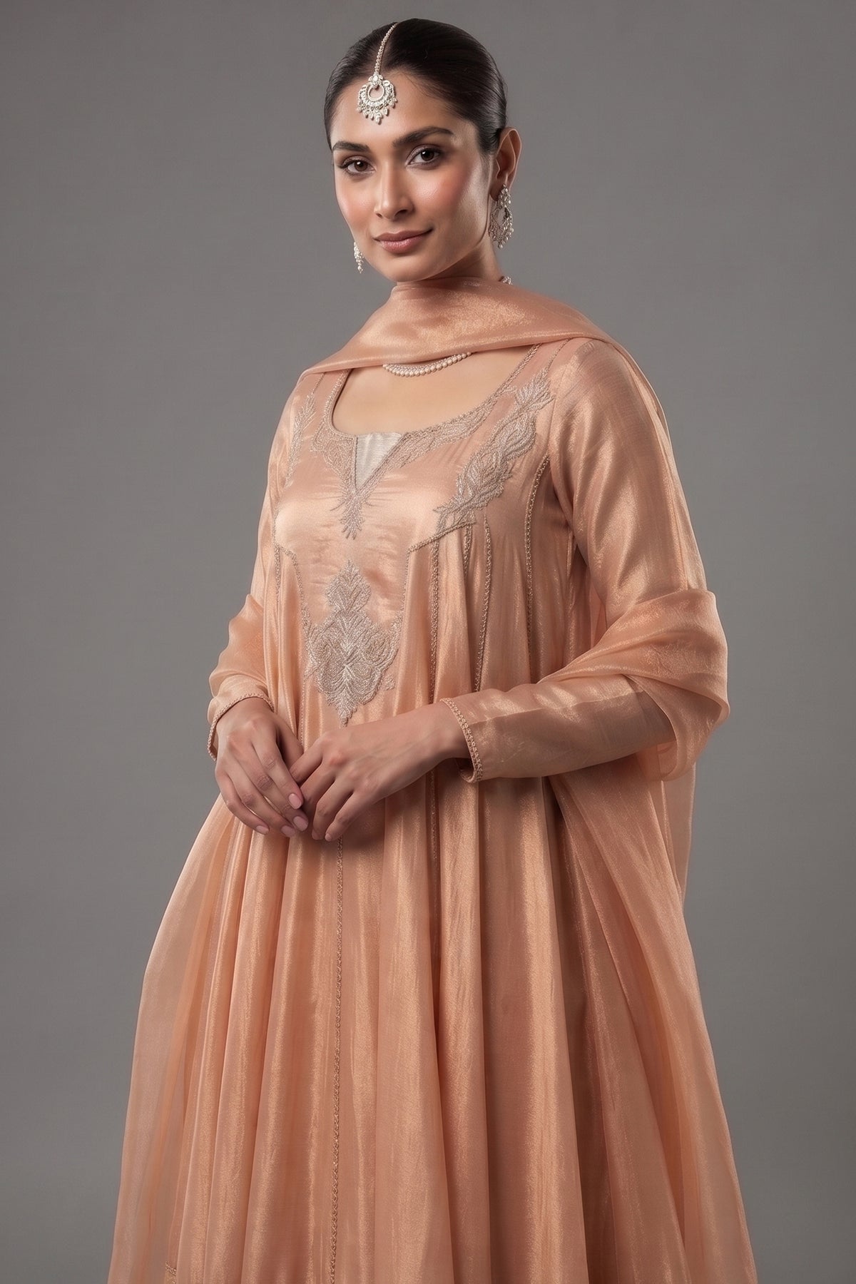 Shimmering Salmon Pink Tissue Anarkali Suit with Ornate Zardosi Yoke and Brocade Border