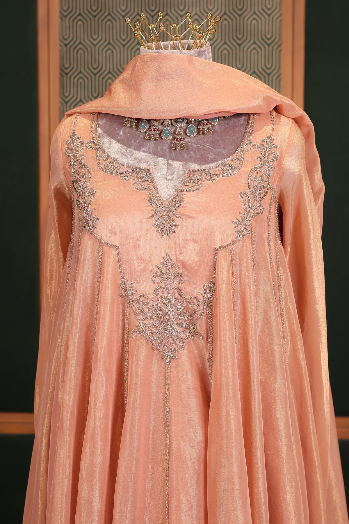 Shimmering Salmon Pink Tissue Anarkali Suit with Ornate Zardosi Yoke and Brocade Border