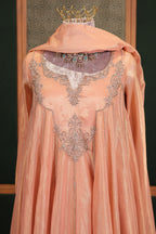 Shimmering Salmon Pink Tissue Anarkali Suit with Ornate Zardosi Yoke and Brocade Border