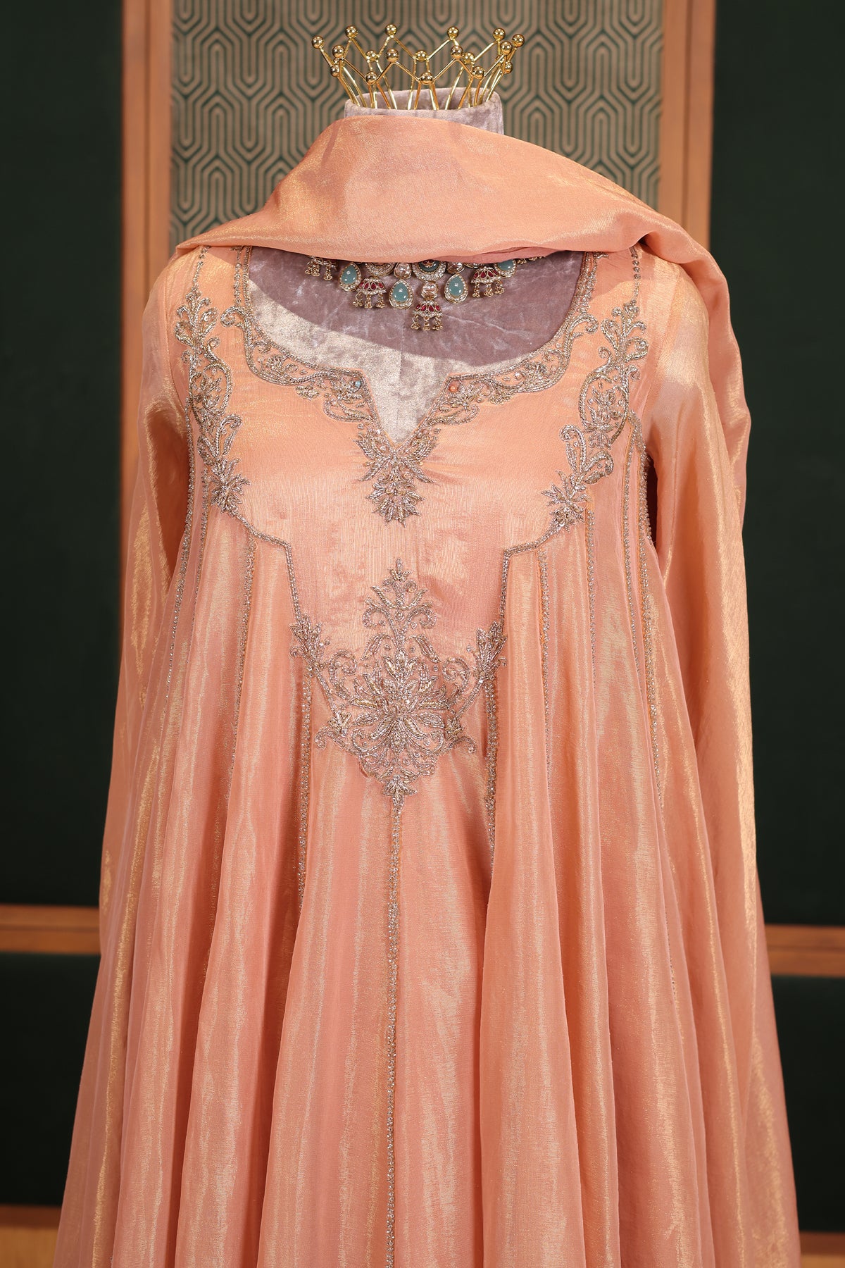 Shimmering Salmon Pink Tissue Anarkali Suit with Ornate Zardosi Yoke and Brocade Border