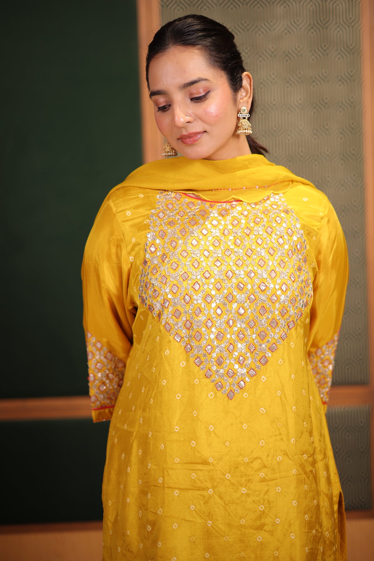 Mustard Yellow Gaji Silk Straight Suit with Geometric Gota Patti Yoke and Bandhej Print