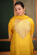Mustard Yellow Gaji Silk Straight Suit with Geometric Gota Patti Yoke and Bandhej Print