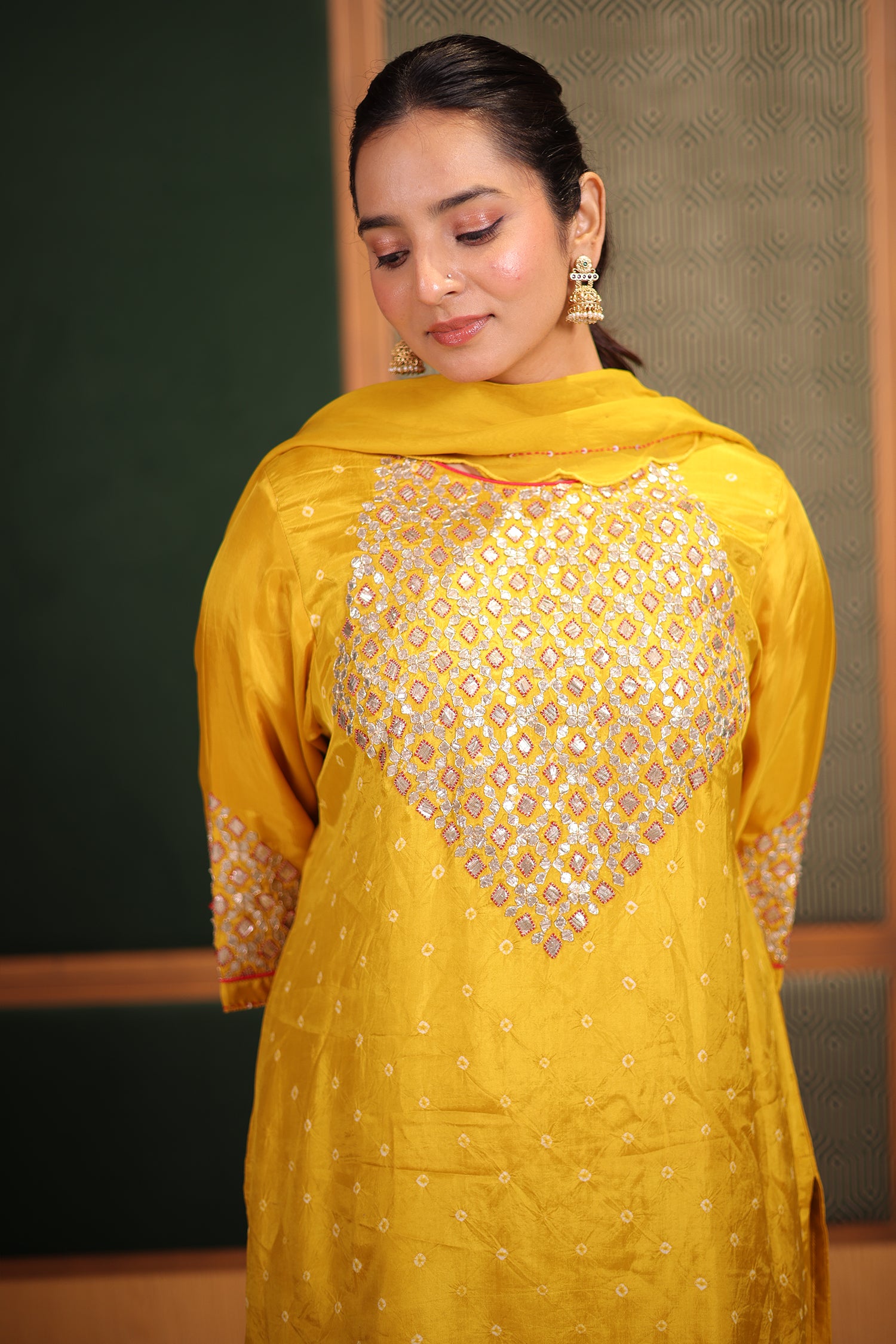 Mustard Yellow Gaji Silk Straight Suit with Geometric Gota Patti Yoke and Bandhej Print