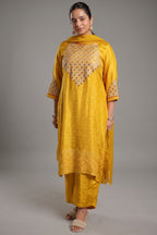 Mustard Yellow Gaji Silk Straight Suit with Geometric Gota Patti Yoke and Bandhej Print