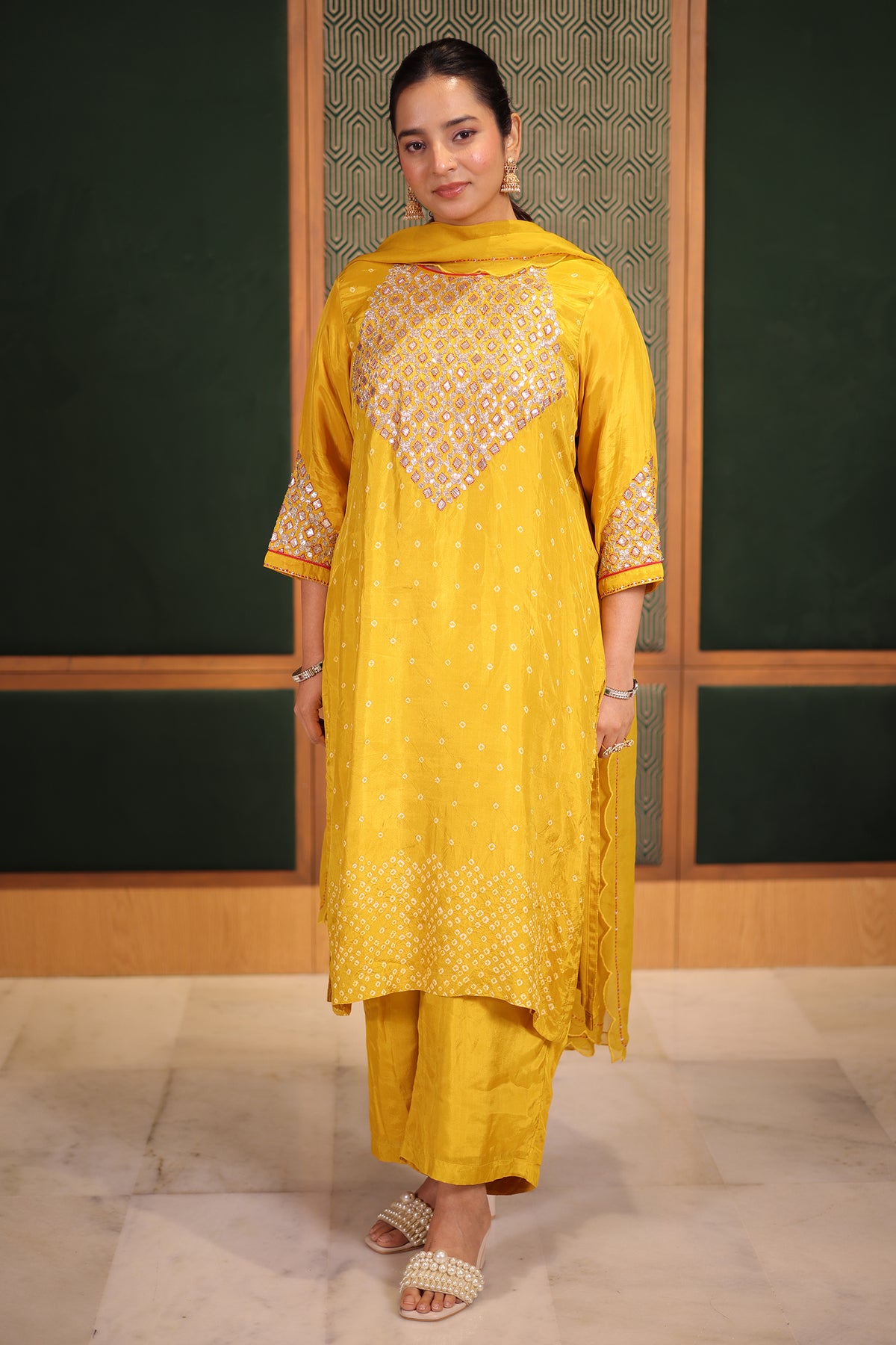 Mustard Yellow Gaji Silk Straight Suit with Geometric Gota Patti Yoke and Bandhej Print