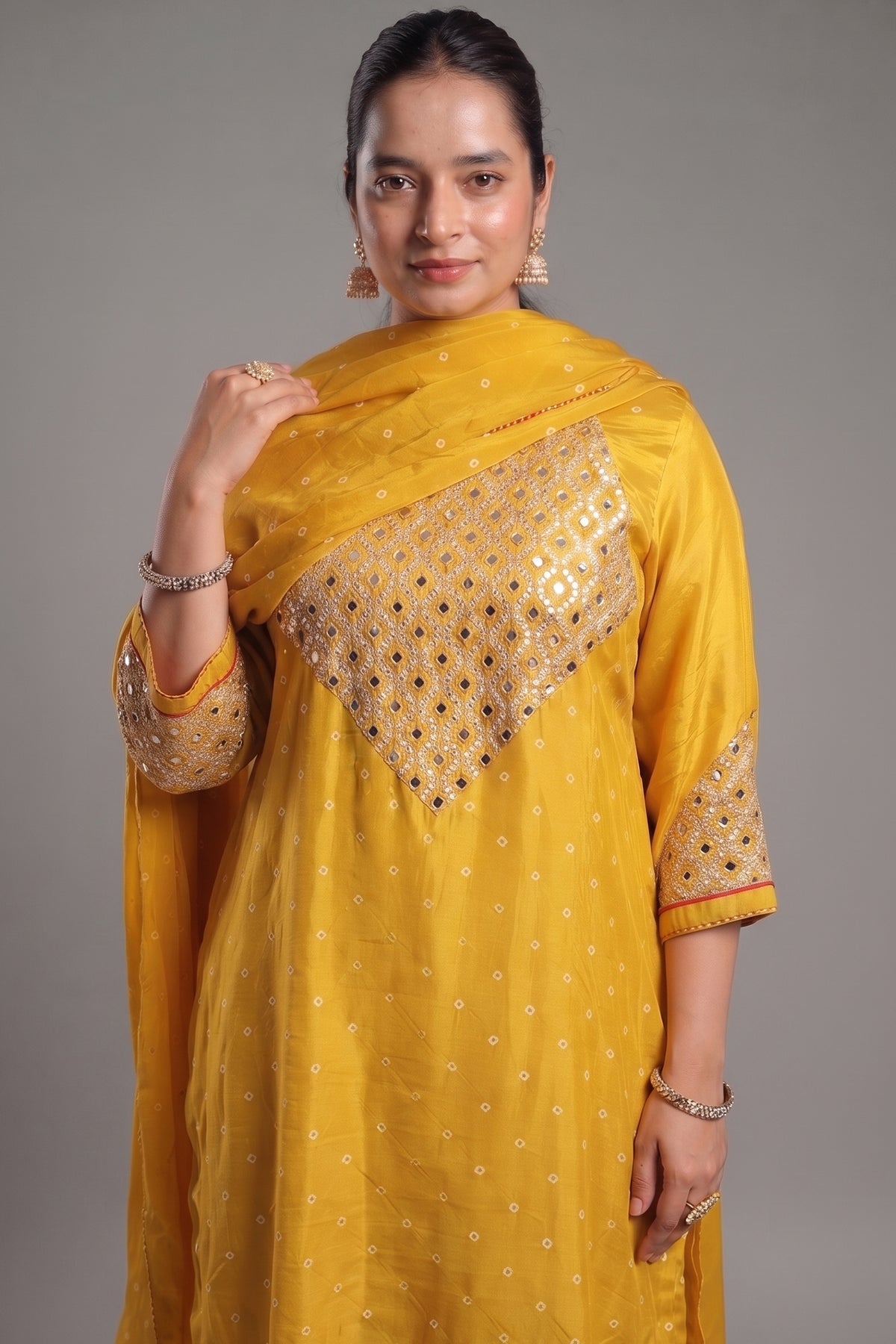 Mustard Yellow Gaji Silk Straight Suit with Geometric Gota Patti Yoke and Bandhej Print