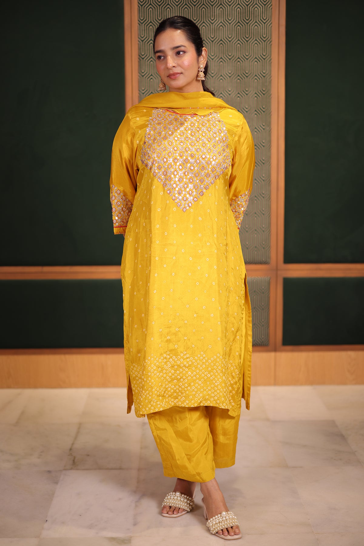 Mustard Yellow Gaji Silk Straight Suit with Geometric Gota Patti Yoke and Bandhej Print