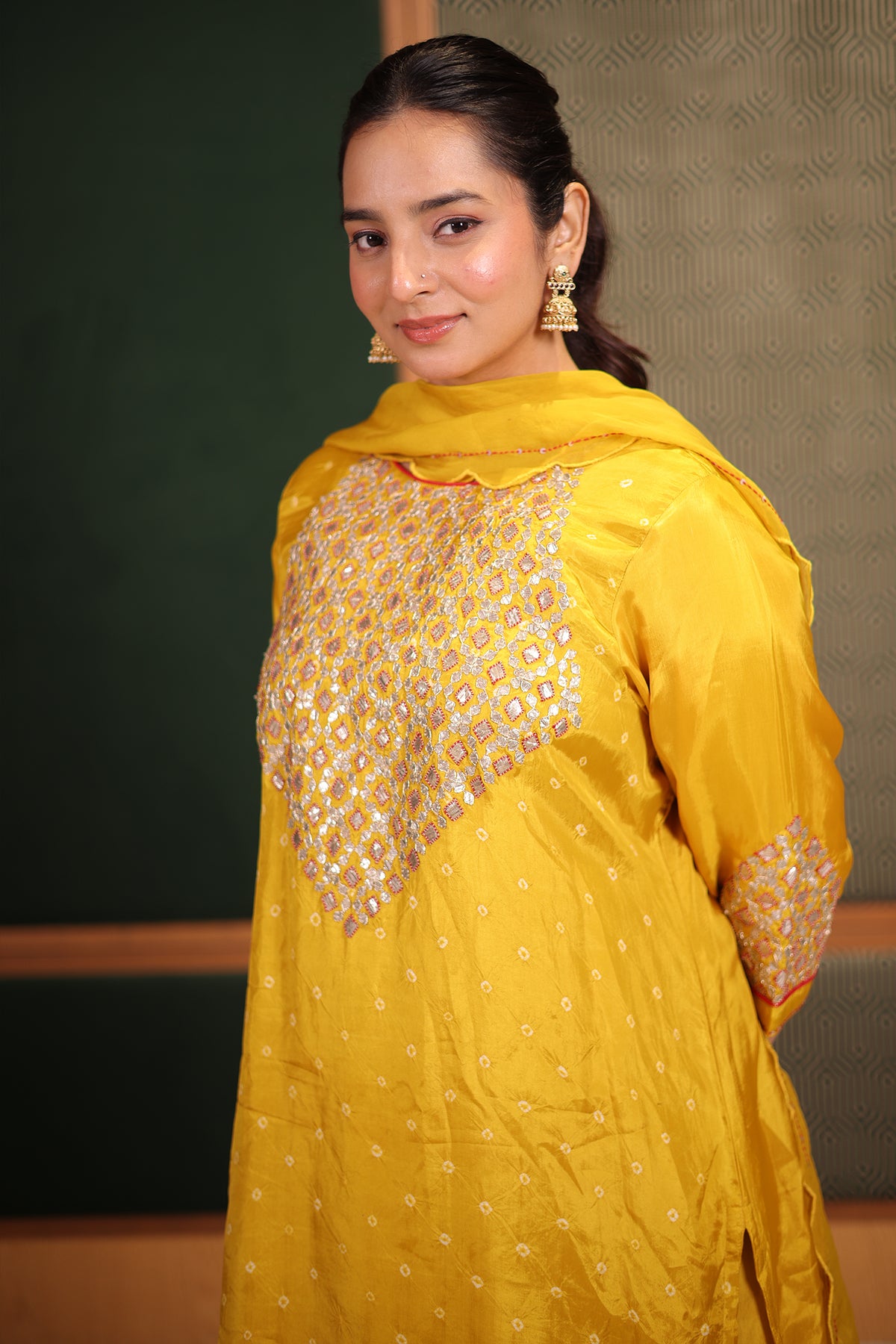 Mustard Yellow Gaji Silk Straight Suit with Geometric Gota Patti Yoke and Bandhej Print