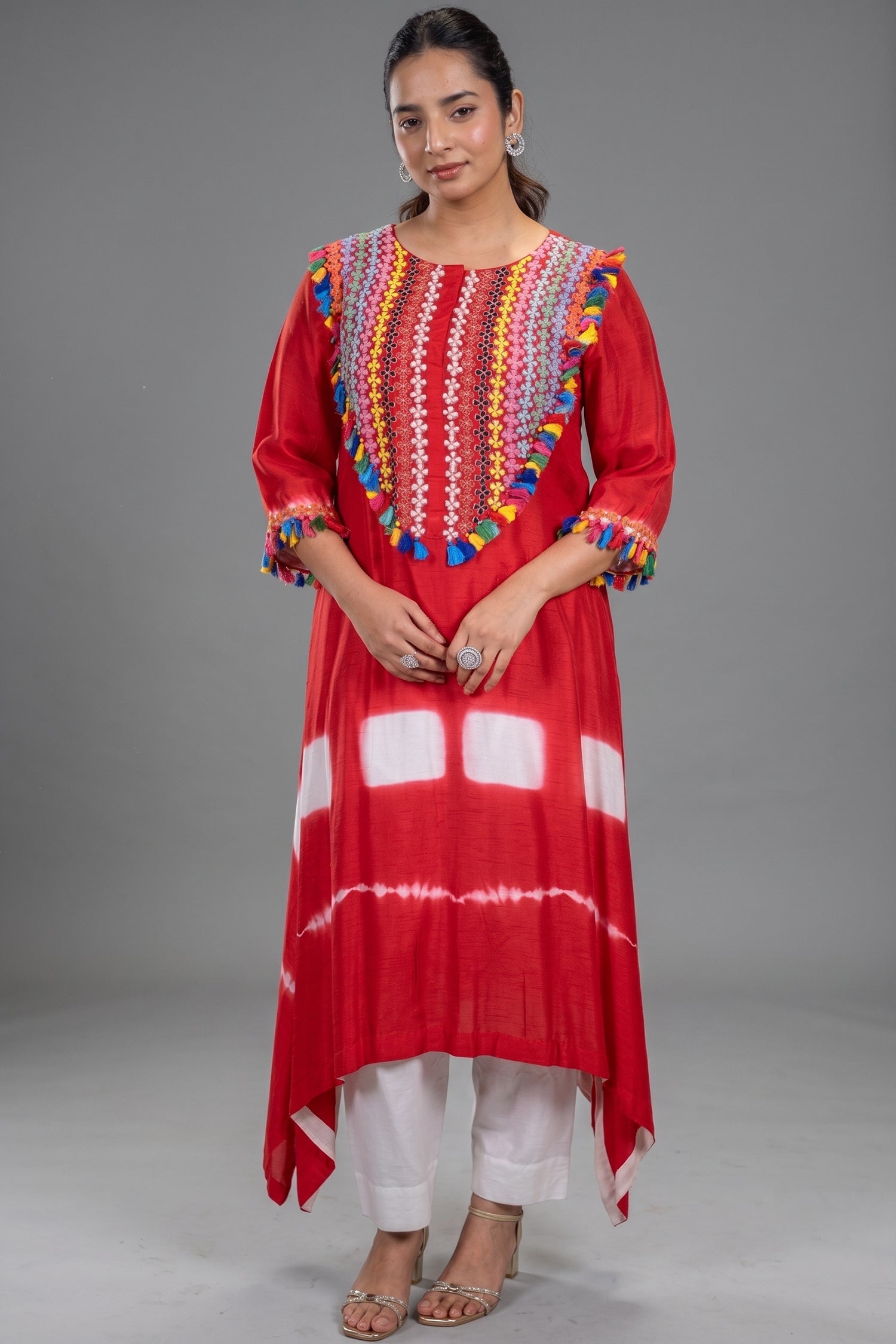 Crimson Red Crepe Silk Asymmetric Tunic Set with Encrusted Bead Yoke and Multicolor Tassels Main image