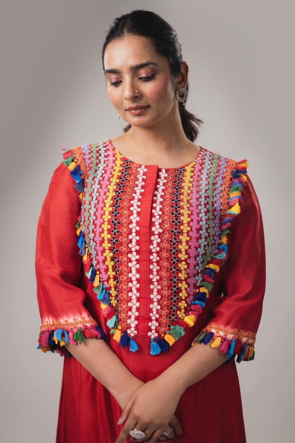 Crimson Red Crepe Silk Asymmetric Tunic Set with Encrusted Bead Yoke and Multicolor Tassels