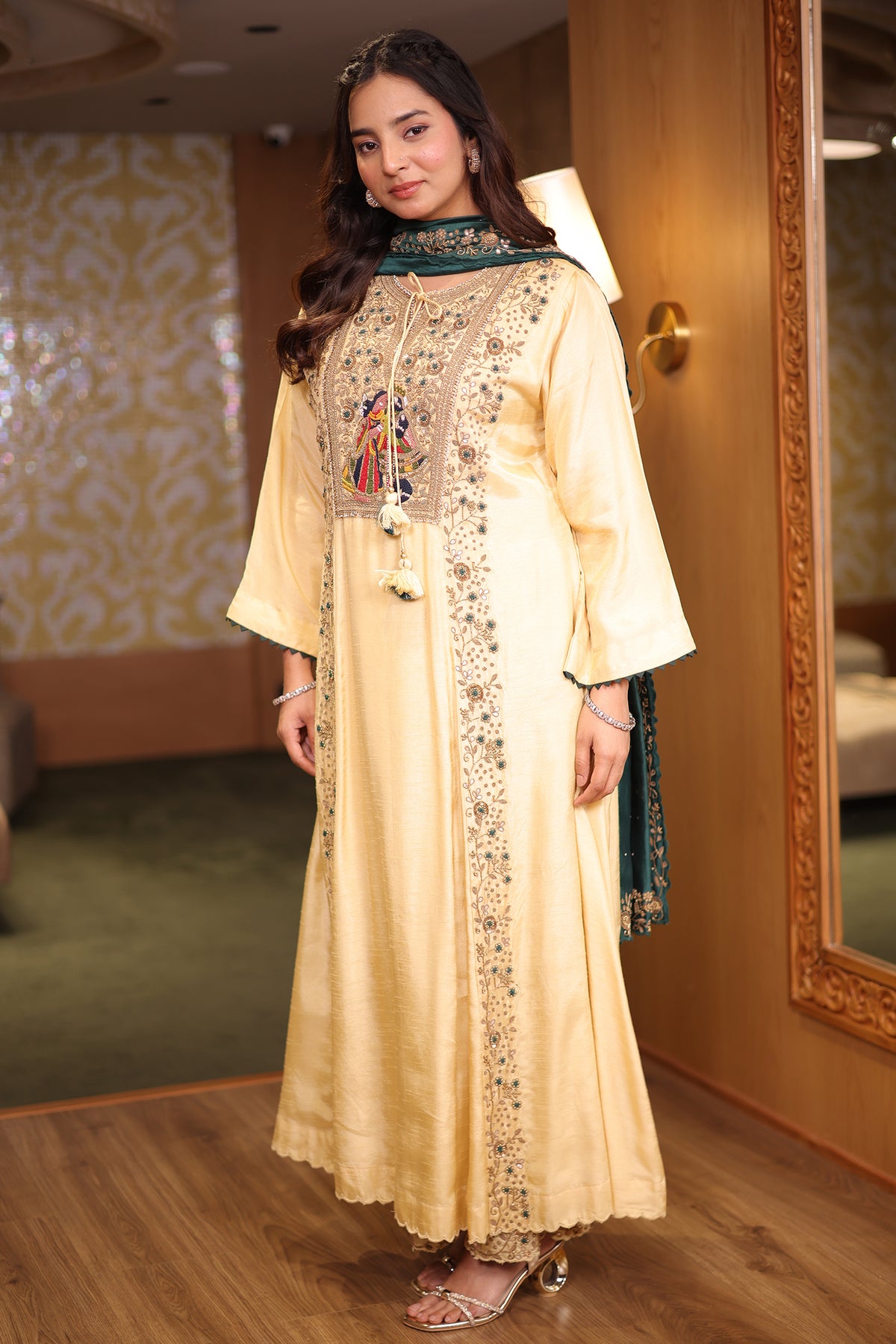 Champagne Cream Silk Flared Kurta Set with Heritage Motif Yoke and Contrast Green Silk Dupatta