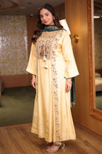 Champagne Cream Silk Flared Kurta Set with Heritage Motif Yoke and Contrast Green Silk Dupatta