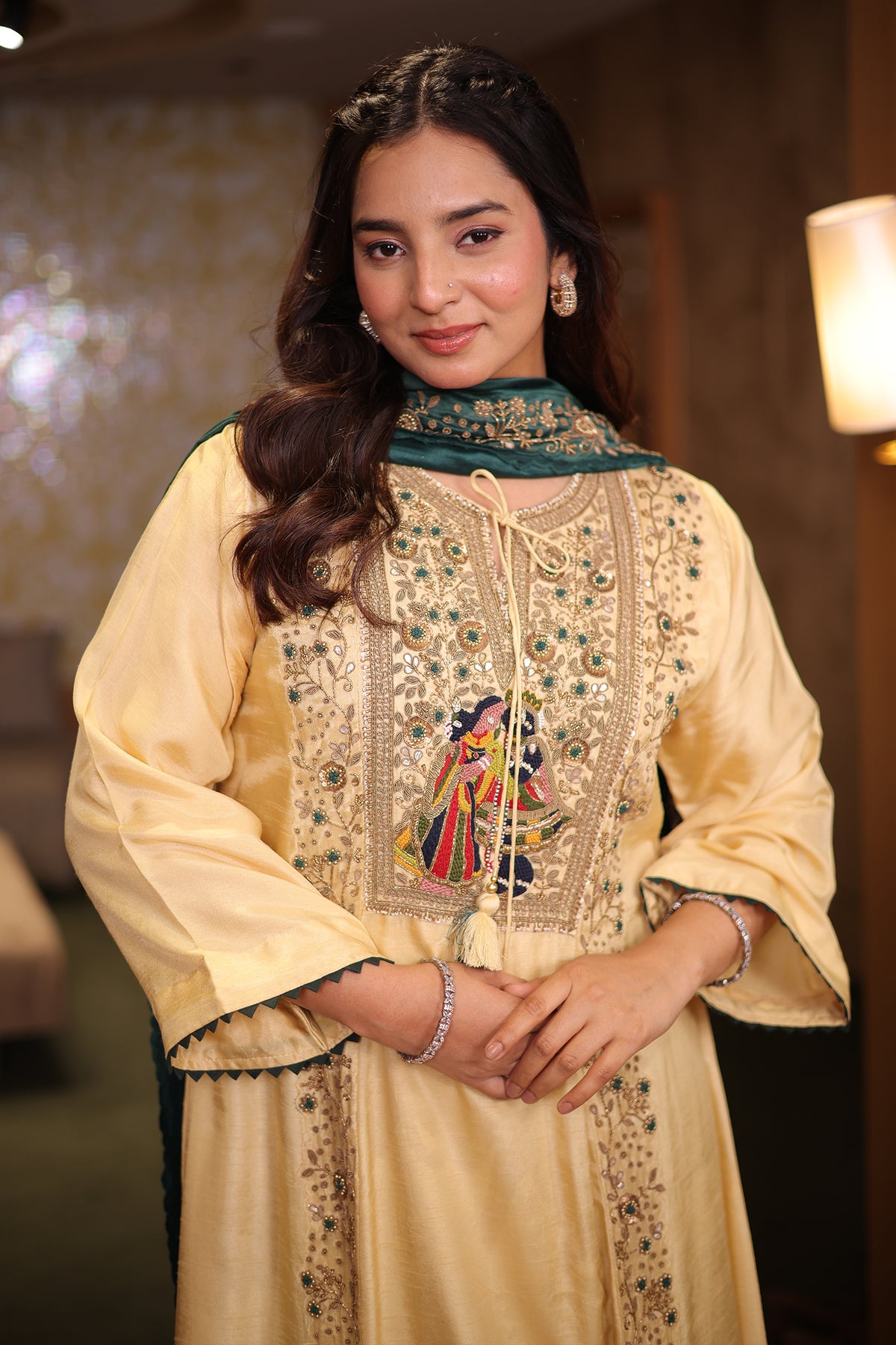 Champagne Cream Silk Flared Kurta Set with Heritage Motif Yoke and Contrast Green Silk Dupatta