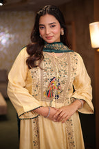 Champagne Cream Silk Flared Kurta Set with Heritage Motif Yoke and Contrast Green Silk Dupatta