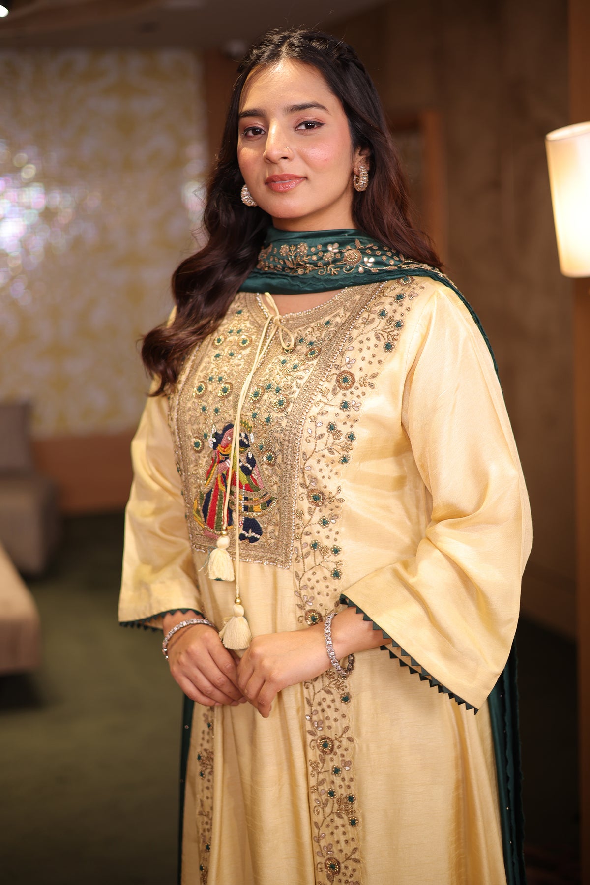 Champagne Cream Silk Flared Kurta Set with Heritage Motif Yoke and Contrast Green Silk Dupatta