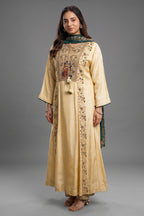Champagne Cream Silk Flared Kurta Set with Heritage Motif Yoke and Contrast Green Silk Dupatta