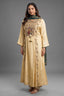 Champagne Cream Silk Flared Kurta Set with Heritage Motif Yoke and Contrast Green Silk Dupatta