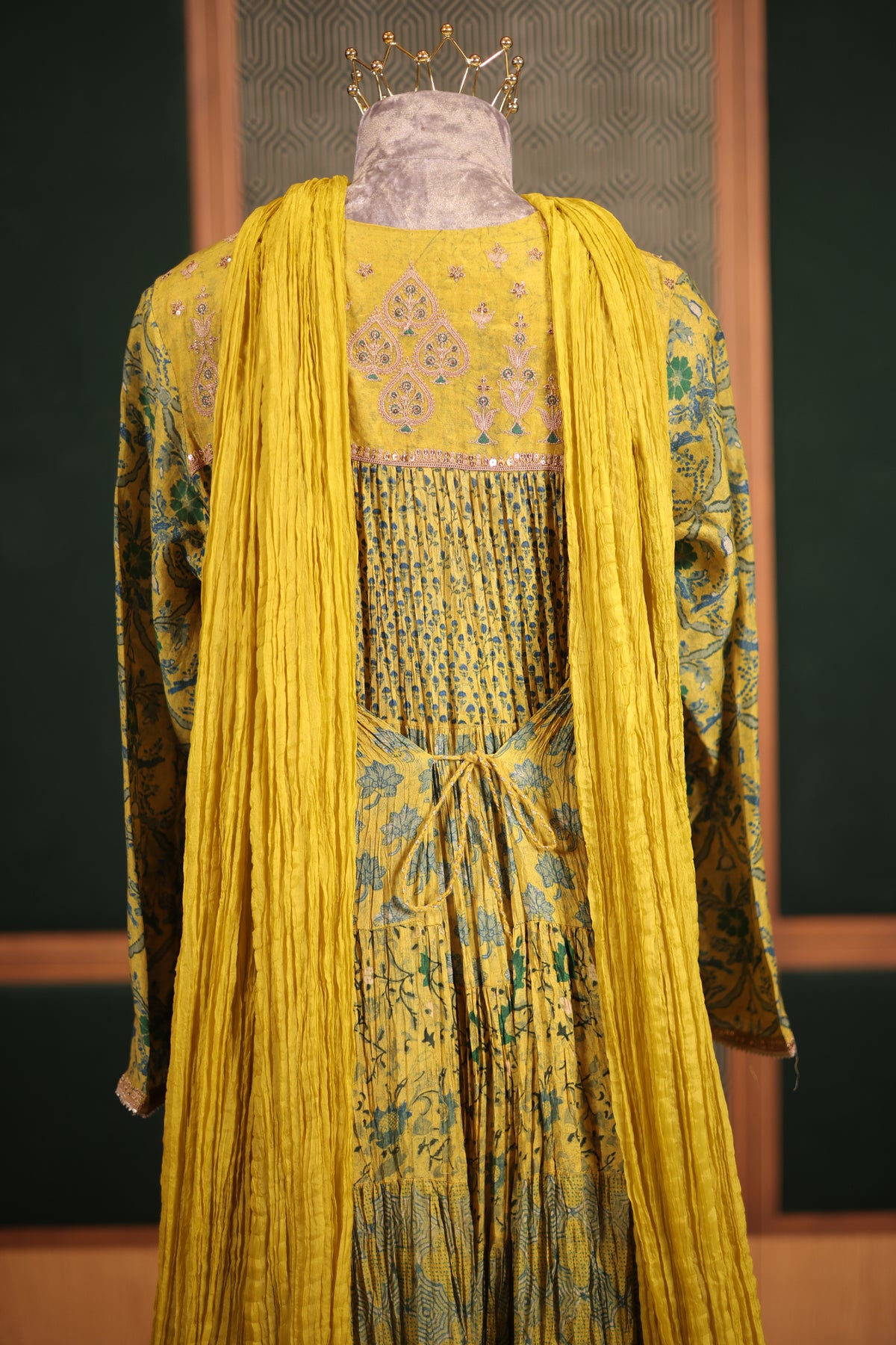 Mustard Lime Crepe Silk Crushed Anarkali Set with Embroidered Sequin Yoke