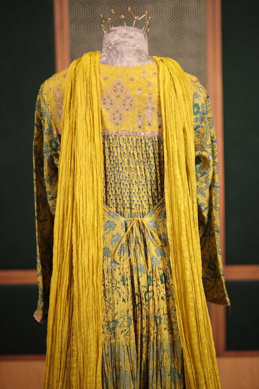 Mustard Lime Crepe Silk Crushed Anarkali Set with Embroidered Sequin Yoke