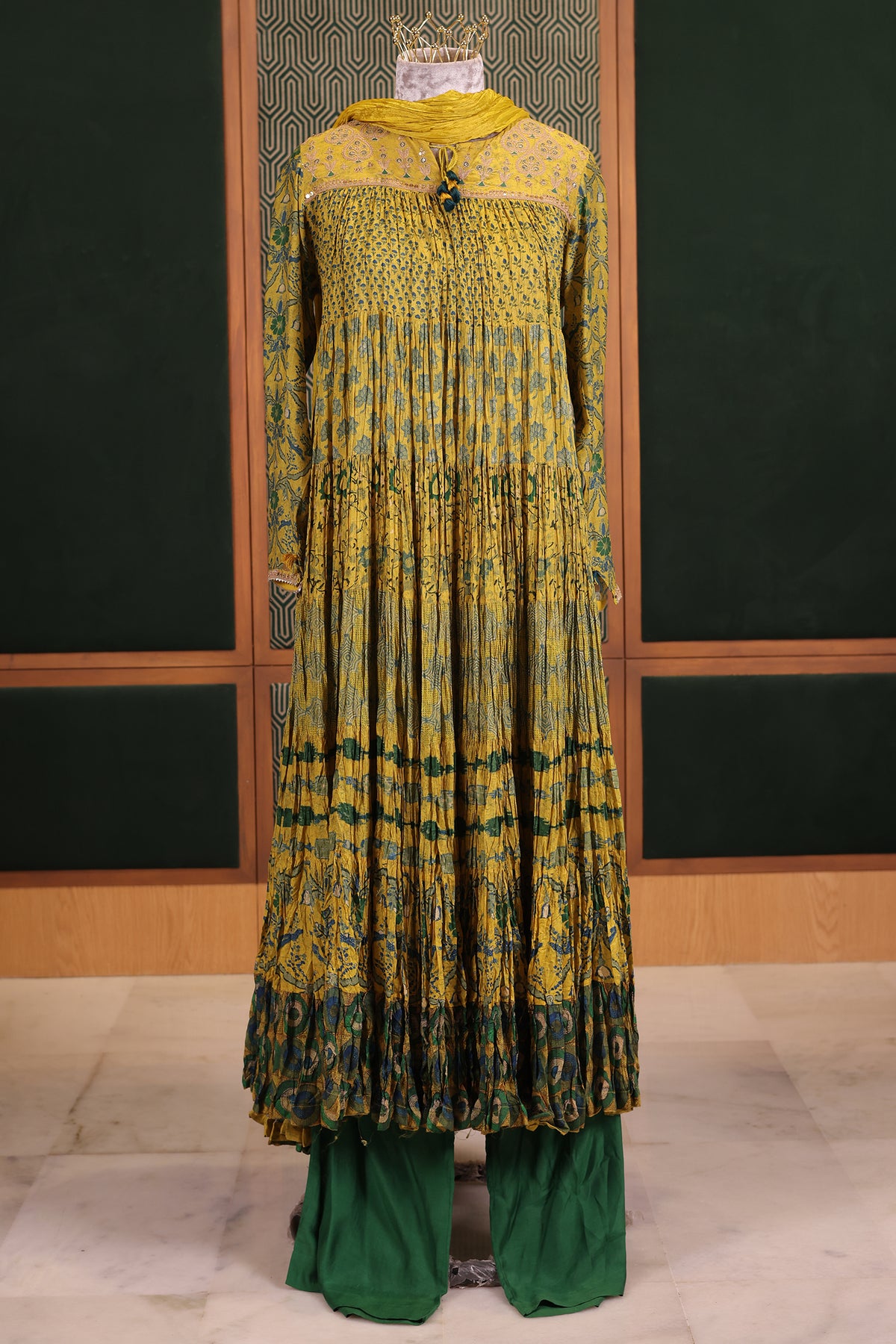 Mustard Lime Crepe Silk Crushed Anarkali Set with Embroidered Sequin Yoke