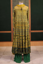 Mustard Lime Crepe Silk Crushed Anarkali Set with Embroidered Sequin Yoke