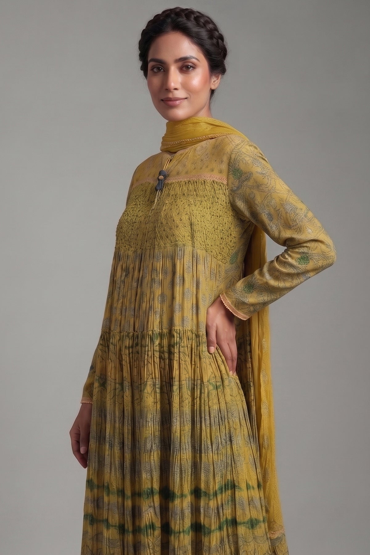 Mustard Lime Crepe Silk Crushed Anarkali Set with Embroidered Sequin Yoke