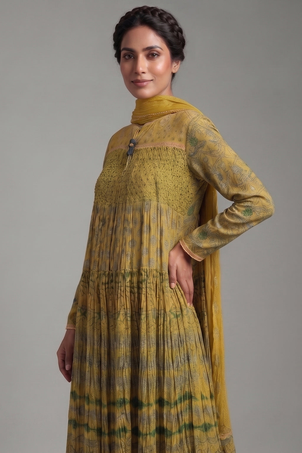 Mustard Lime Crepe Silk Crushed Anarkali Set with Embroidered Sequin Yoke