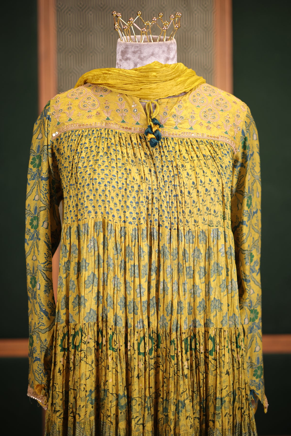 Mustard Lime Crepe Silk Crushed Anarkali Set with Embroidered Sequin Yoke
