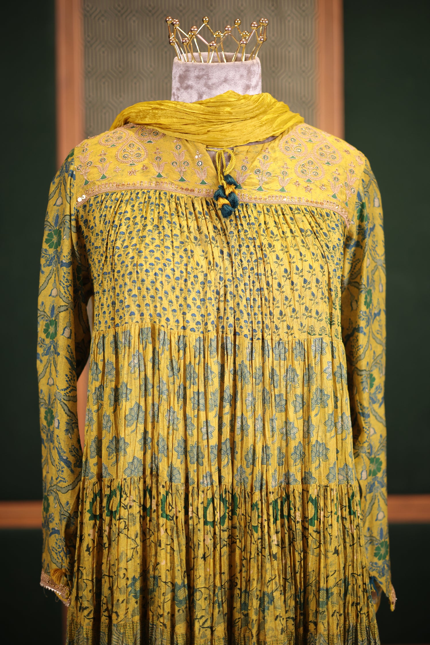 Mustard Lime Crepe Silk Crushed Anarkali Set with Embroidered Sequin Yoke