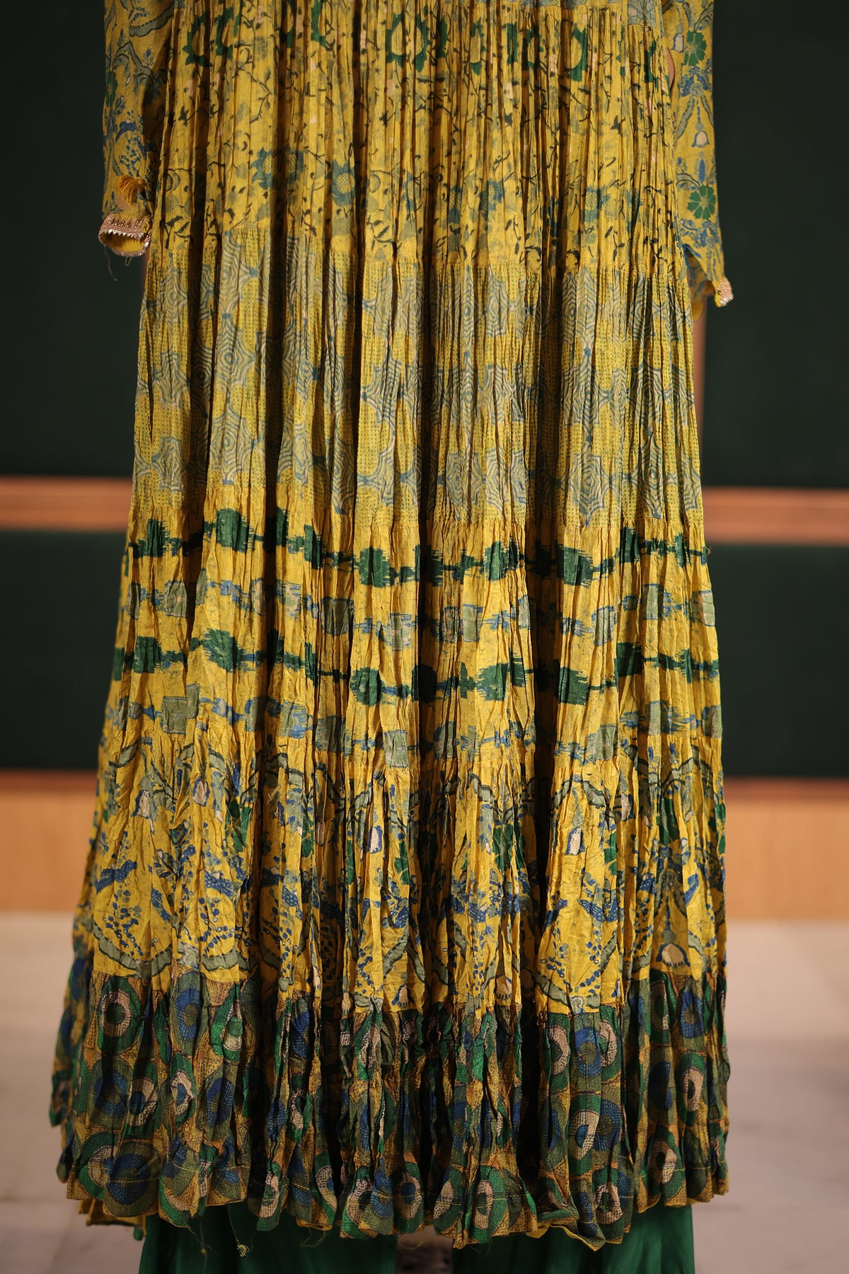 Mustard Lime Crepe Silk Crushed Anarkali Set with Embroidered Sequin Yoke