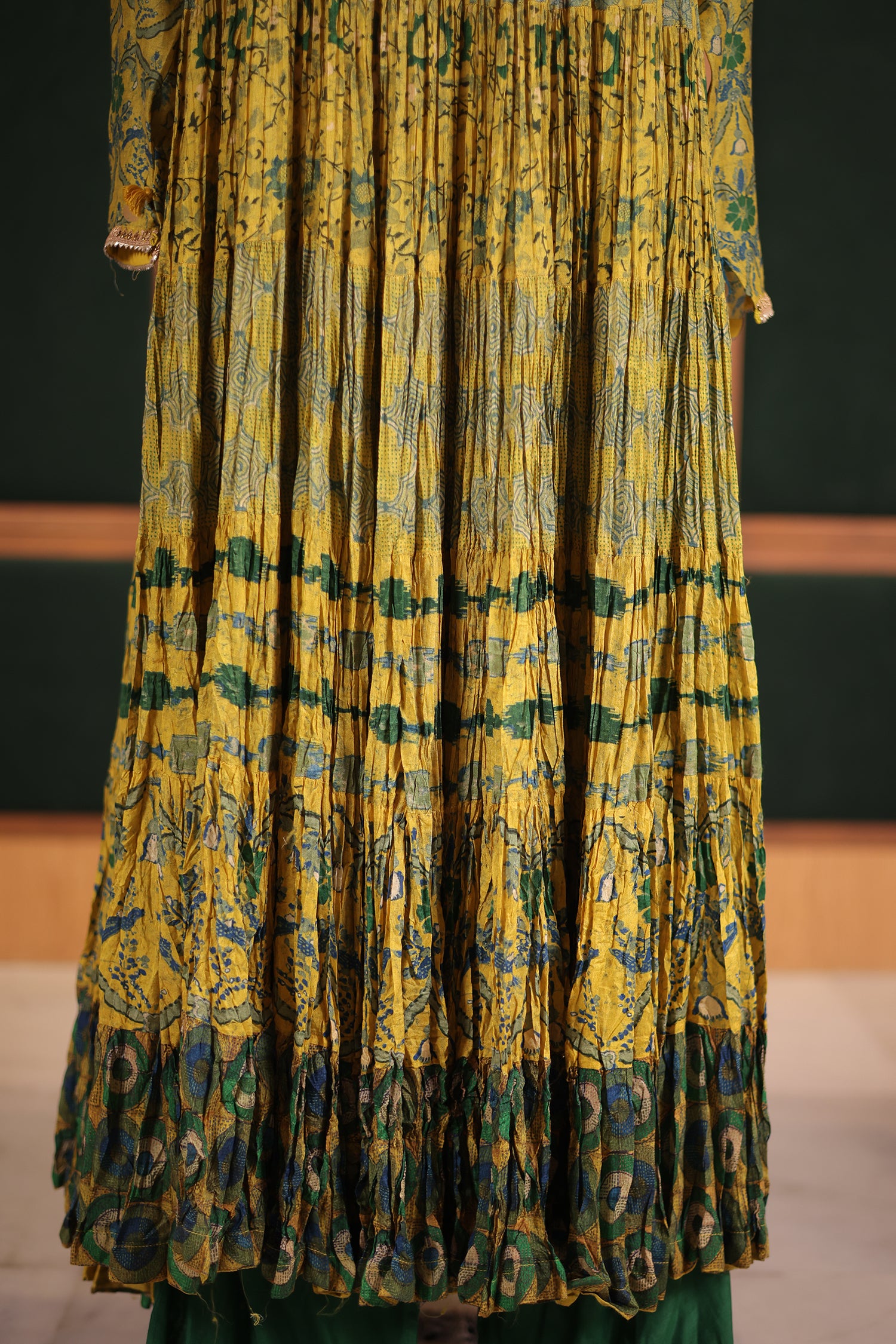 Mustard Lime Crepe Silk Crushed Anarkali Set with Embroidered Sequin Yoke