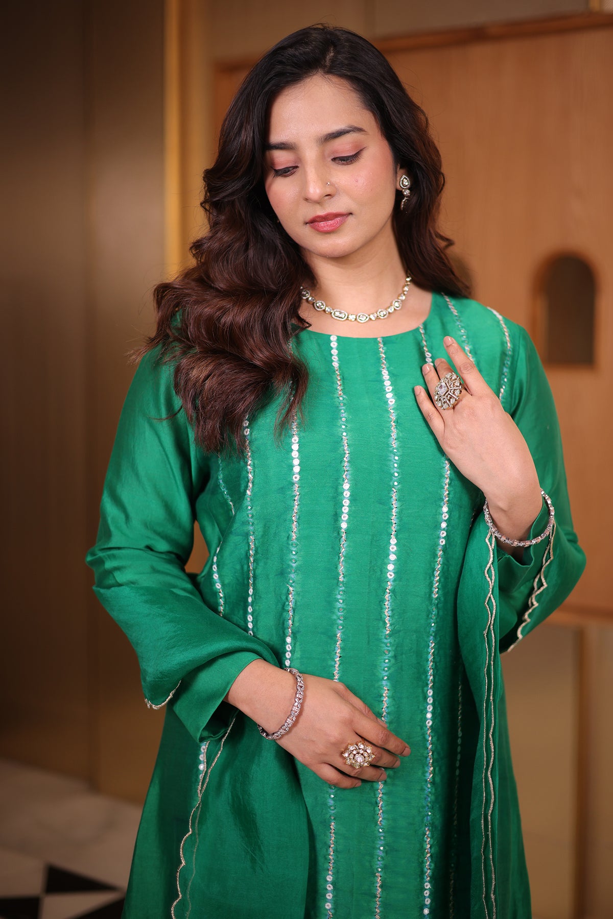 Emerald Green Silk Panelled Kurta Set with Linear Sequin Embroidery and Scalloped Organza Dupatta