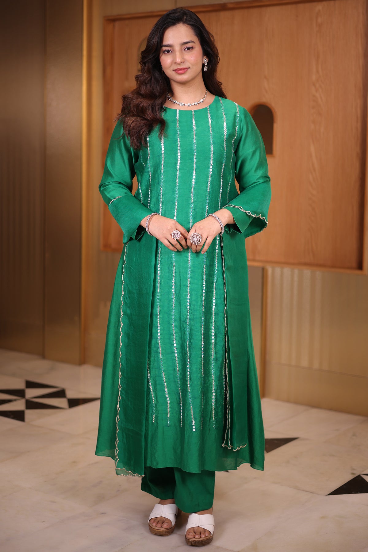 Emerald Green Silk Panelled Kurta Set with Linear Sequin Embroidery and Scalloped Organza Dupatta