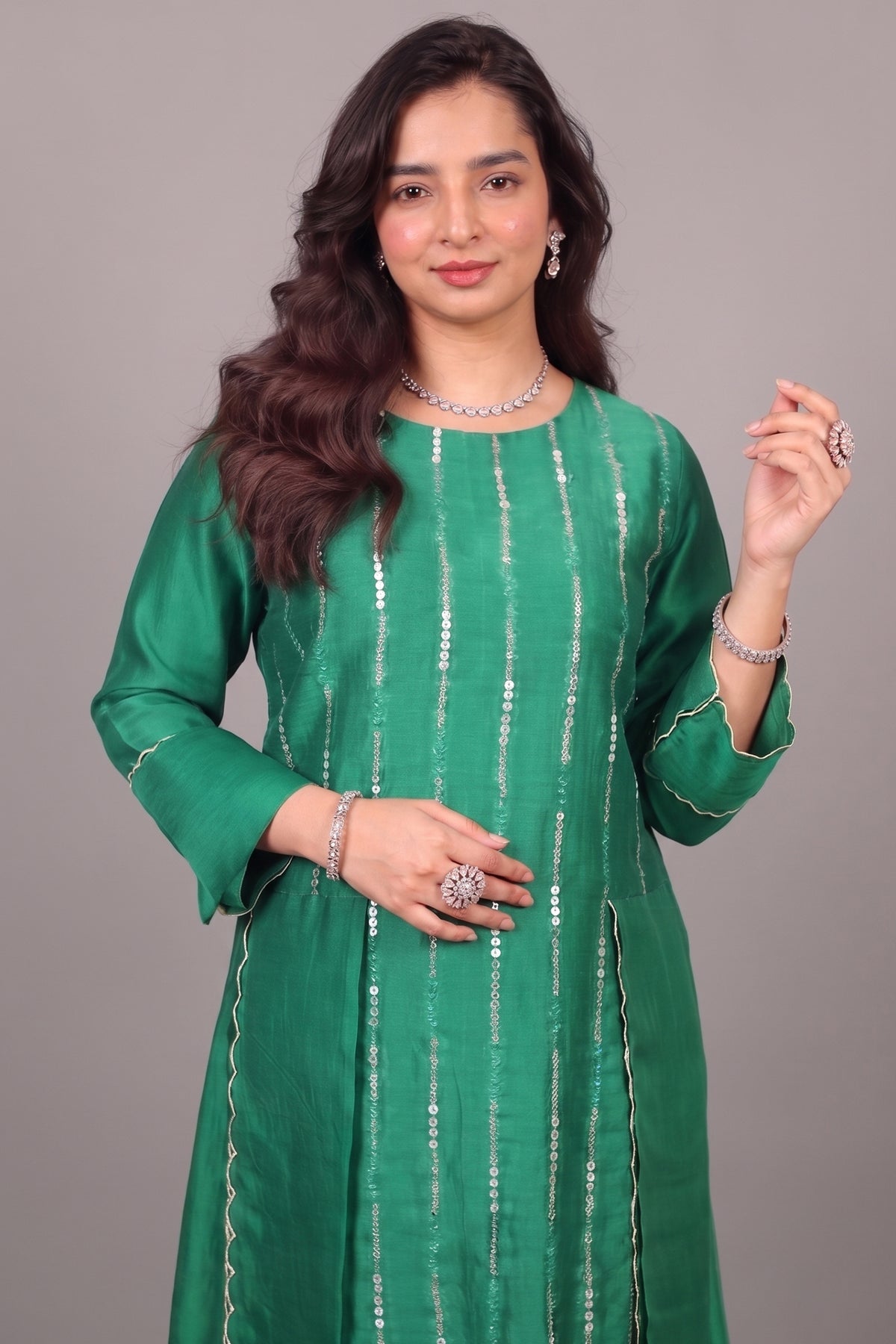 Emerald Green Silk Panelled Kurta Set with Linear Sequin Embroidery and Scalloped Organza Dupatta