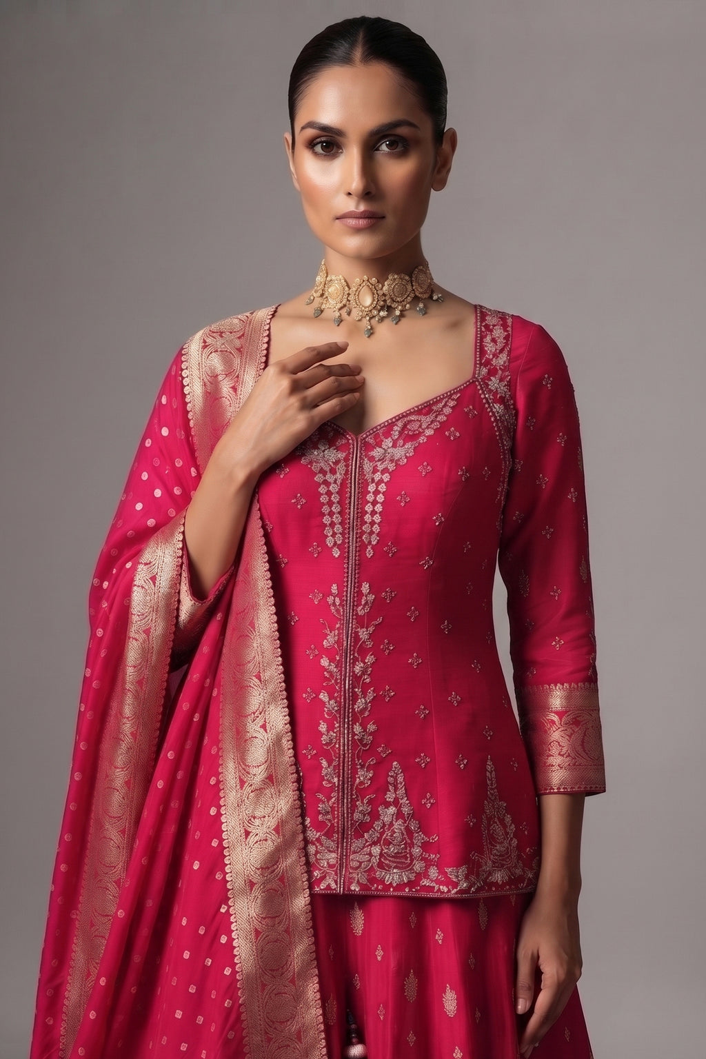 Peach-Purple Dual-Tone Tissue Silk Anarkali Gown with Cutdana-Mirror Bodice and Zari Weaving