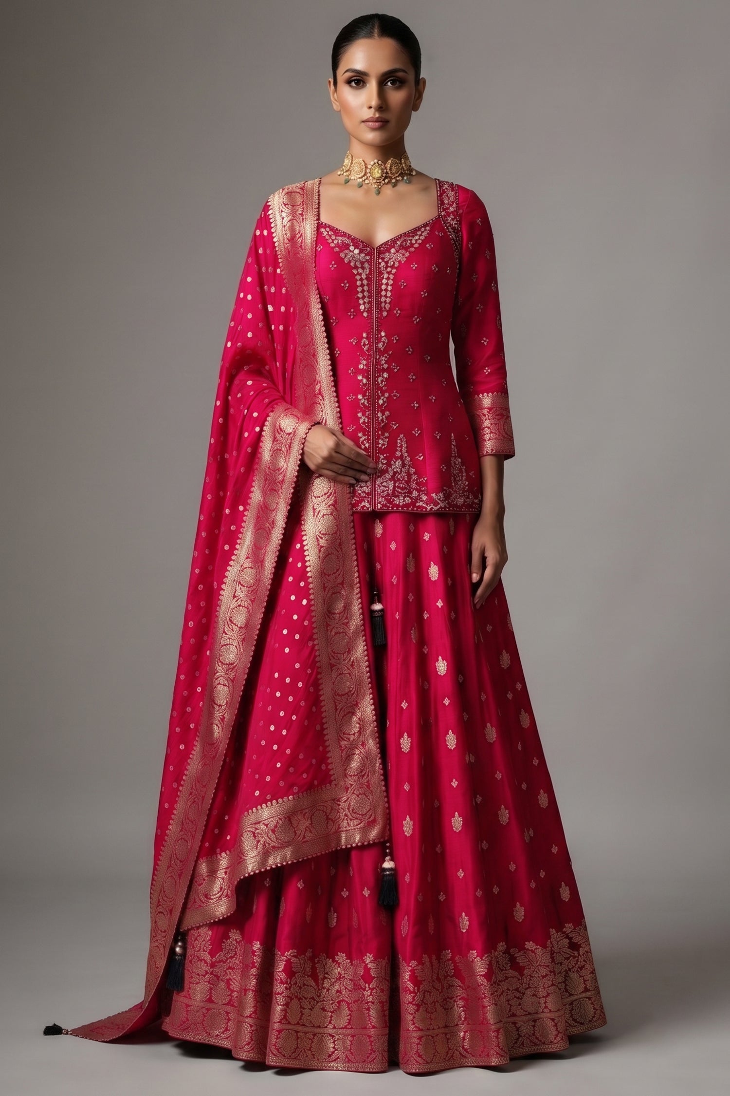 Peach-Purple Dual-Tone Tissue Silk Anarkali Gown with Cutdana-Mirror Bodice and Zari Weaving