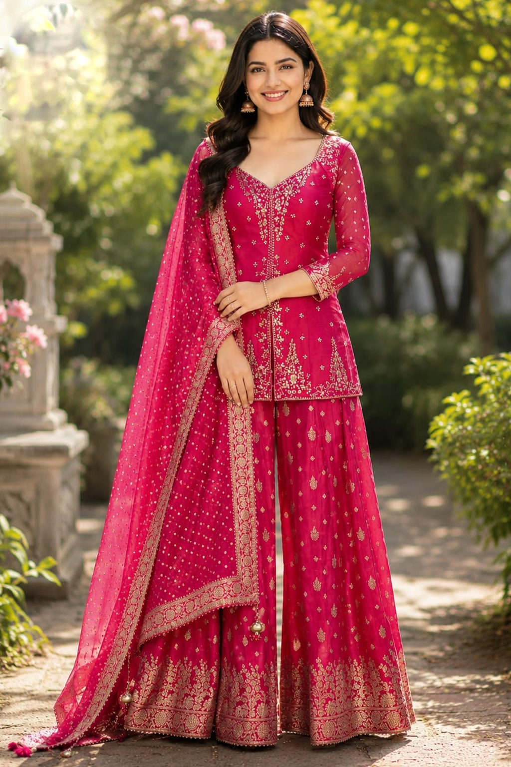 Peach-Purple Dual-Tone Tissue Silk Anarkali Gown with Cutdana-Mirror Bodice and Zari Weaving