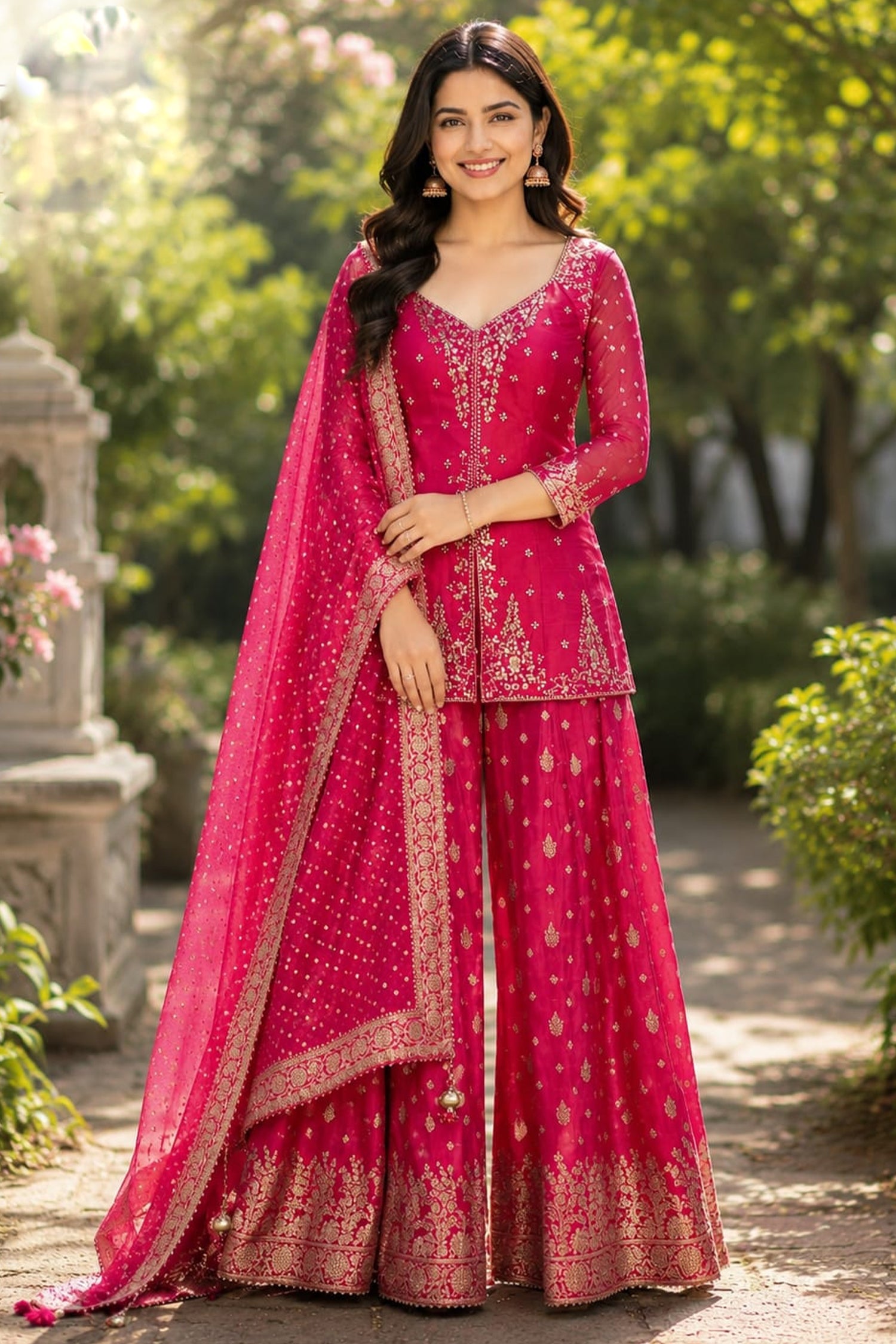 Peach-Purple Dual-Tone Tissue Silk Anarkali Gown with Cutdana-Mirror Bodice and Zari Weaving