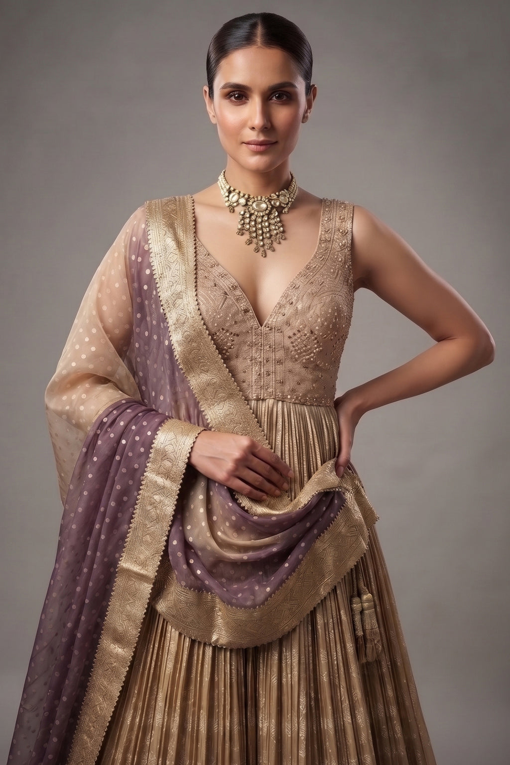 Chantilly White Georgette Evening Gown featuring Hand-Embellished Botanical Cutdana Bodice