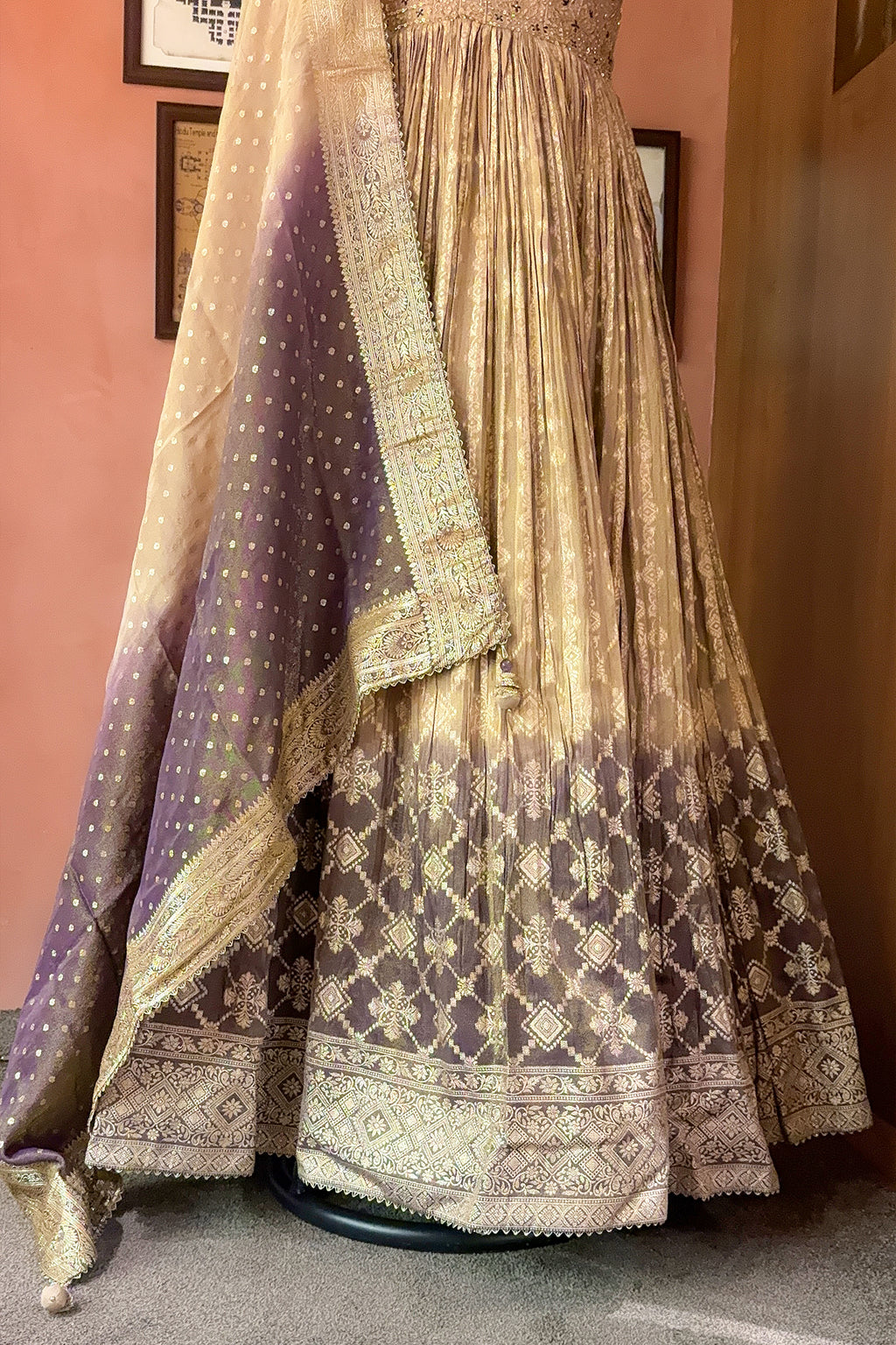 Peach-Purple Dual-Tone Tissue Silk Anarkali Gown with Cutdana-Mirror Bodice and Zari Weaving