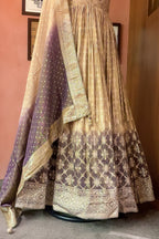 Peach-Purple Dual-Tone Tissue Silk Anarkali Gown with Cutdana-Mirror Bodice and Zari Weaving