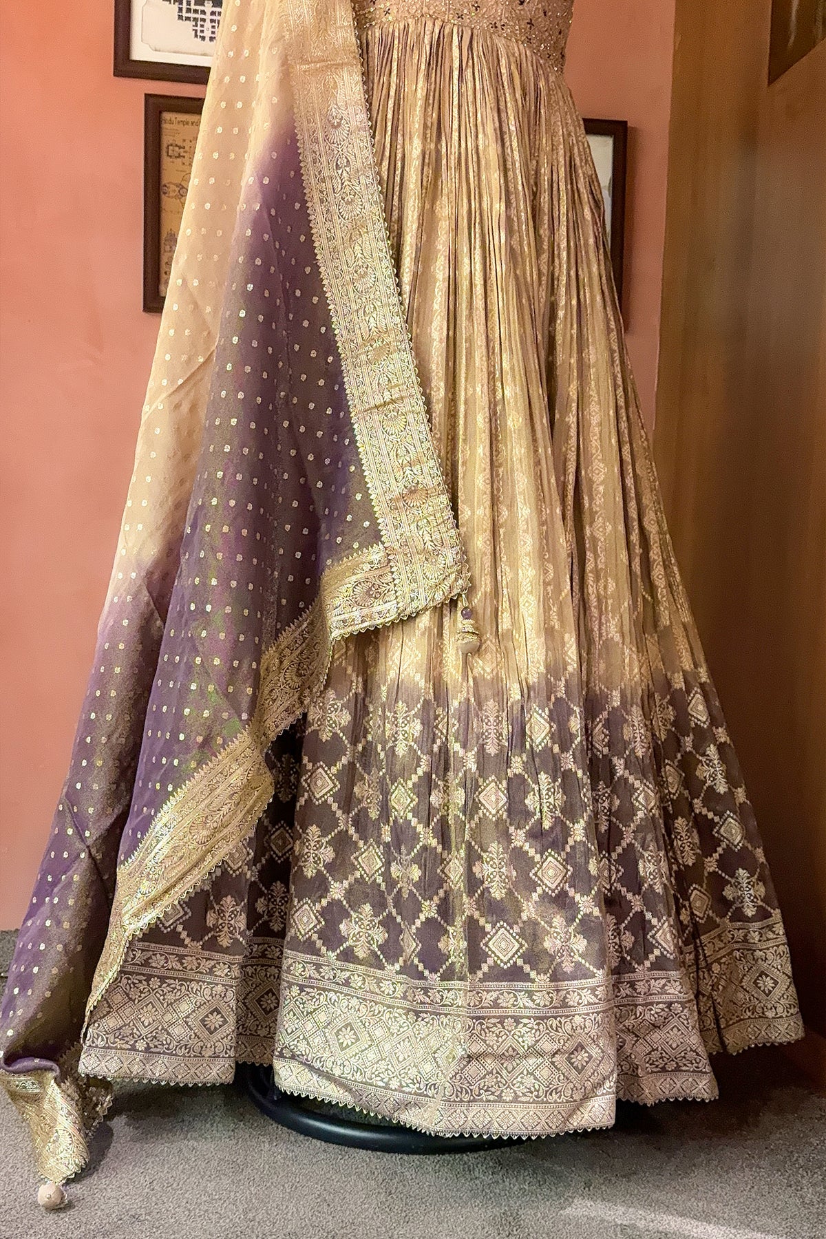 Peach-Purple Dual-Tone Tissue Silk Anarkali Gown with Cutdana-Mirror Bodice and Zari Weaving