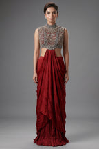 Bottle Green Crepe Silk Pre-Draped Cowl Skirt Set with Hand-Embellished Bandhani Weave Jacket Blouse
