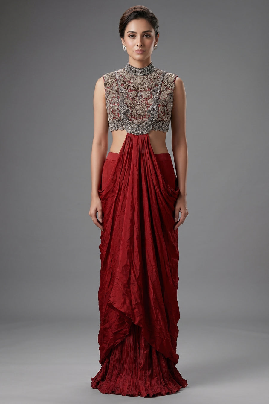 Oxblood Maroon Chinon Silk Draped Indo-Western Dress featuring Cutdana & Crystal Bodice